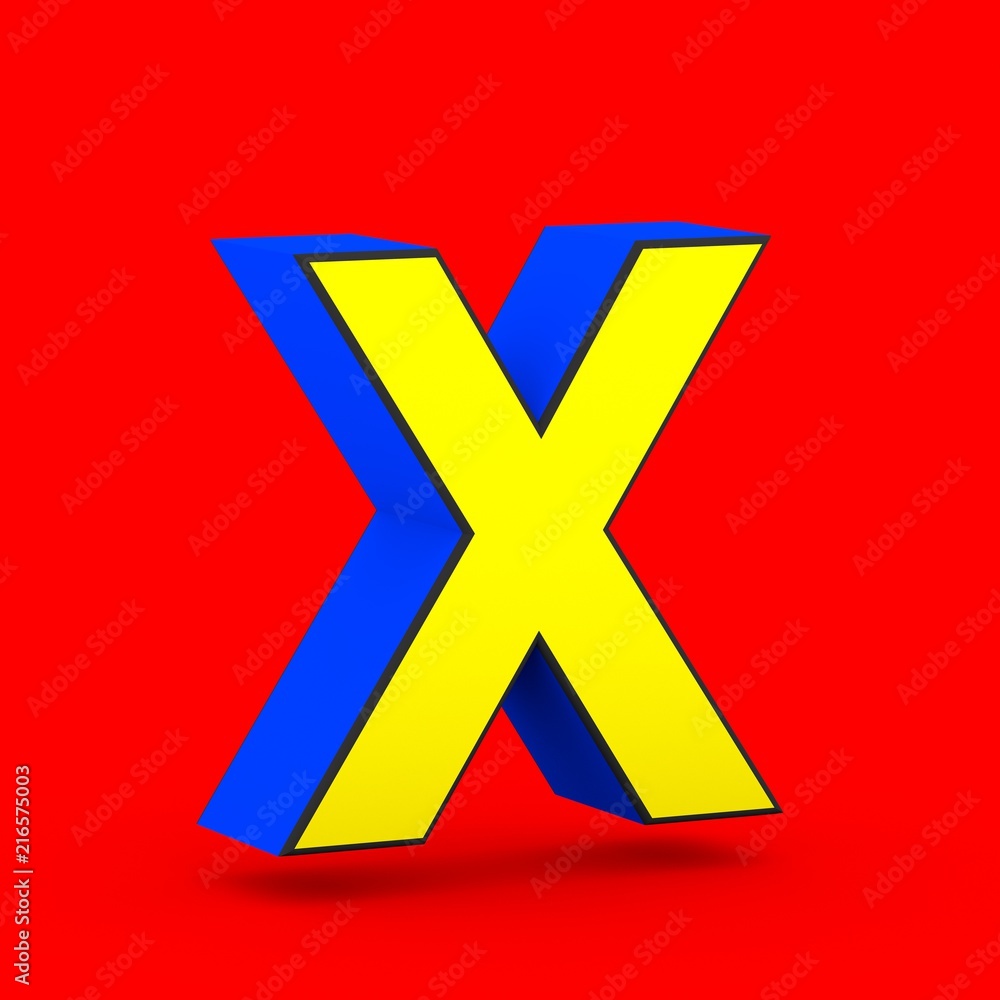 Blue and yellow superhero letter X uppercase isolated on red background. Blue and yellow superhero letter X uppercase isolated on red background.