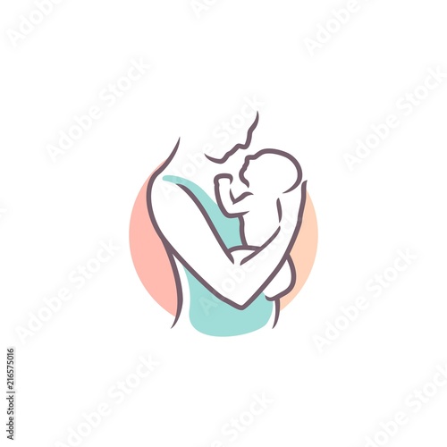 mom and baby logo, maternal woman holding a newborn baby in her arms vector illustration