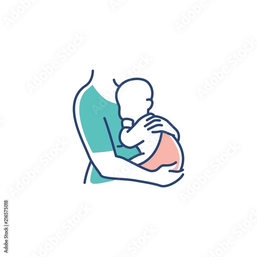 mom and baby logo, maternal woman holding a newborn baby in her arms vector illustration