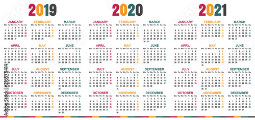 English planning calendar 2019 - 2021, week starts on Monday, simple calendar template for 2019, 2020 and 2021, printable calendar templates, vector illustration