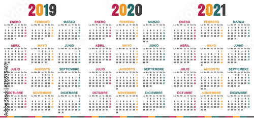 Spanish planning calendar 2019 - 2021, week starts on Monday, simple calendar template for 2019, 2020 and 2021, printable calendar templates, vector illustration