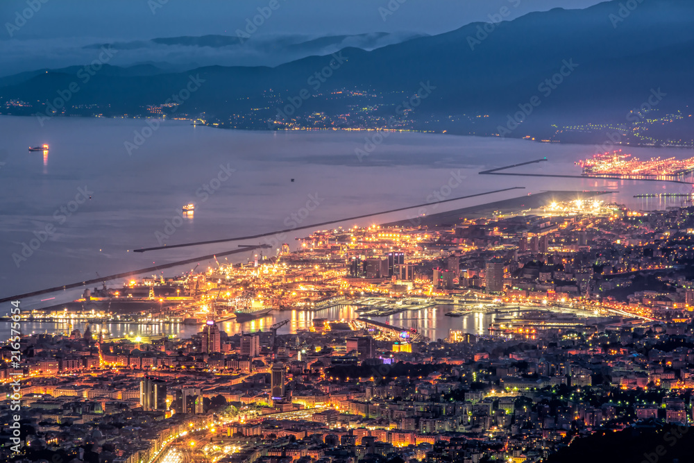 Genoa night view on dockland area