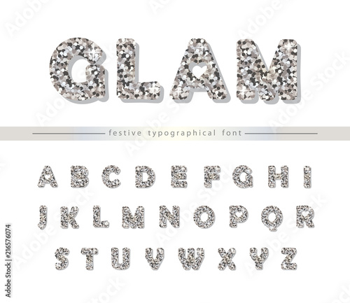 Silver glitter font isolated on white. Modern decorative alphabet for holiday design.