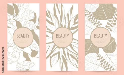 A set of packaging templates with gold floral texture for luxury products. Design template of leaflet cover, flayer, card for the hotel, beauty salon, spa, restaurant, club. Vector illustration
