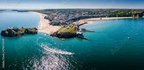 Aerial drone view of a picturesque and colorful coastal holiday town (Tenby, UK) photo