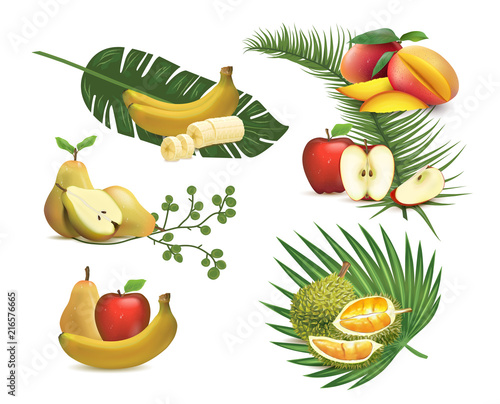 Set of realistic fruits, illustration of tropical foliage.
