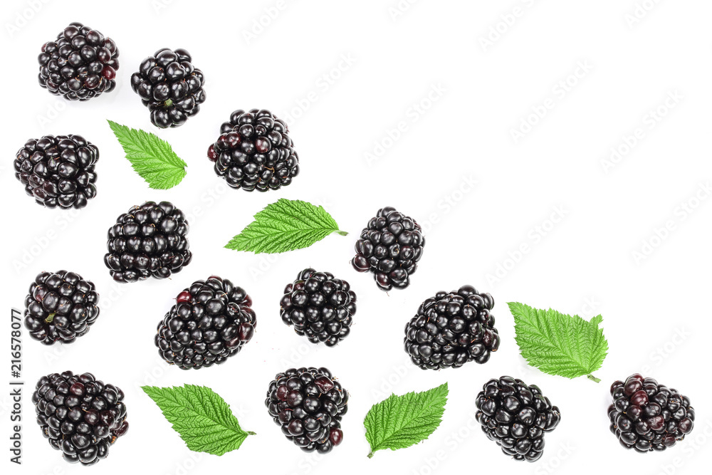 Fresh blackberry with leaves isolated on white background with copy space for your text. Top view. Flat lay pattern Fresh blackberry with leaves isolated on white background with copy space for your text. Top view. Flat lay pattern