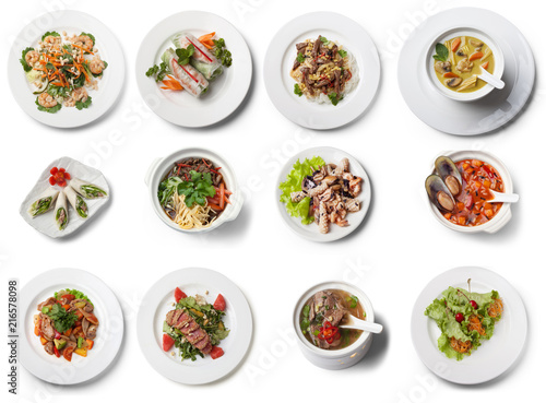 Rich collection of vietnamese dishes, view from above, isolated on white background