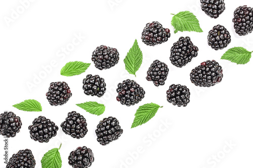 Fresh blackberry with leaves isolated on white background with copy space for your text. Top view. Flat lay pattern