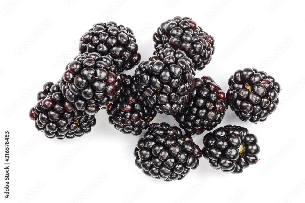 Fresh blackberry isolated on white background. Top view. Flat lay pattern Fresh blackberry isolated on white background. Top view. Flat lay pattern