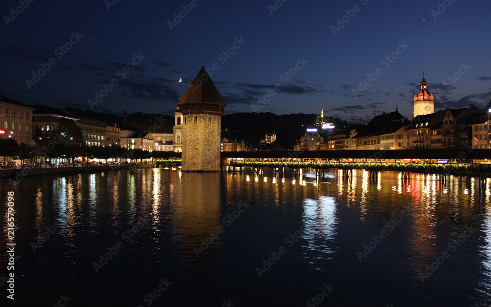 Night view of Chapel Bridge in Lucerne