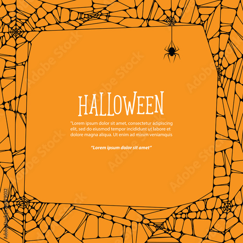 Halloween square frame black cobweb and spider on orange background ilustration vector. Halloween concept.