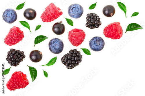 blackberry blueberry raspberry black currant isolated on white background with copy space for your text. Top view. Flat lay pattern