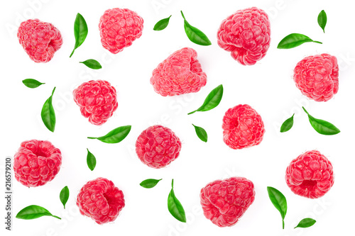 raspberries with leaves isolated on white background. Top view. Flat lay pattern