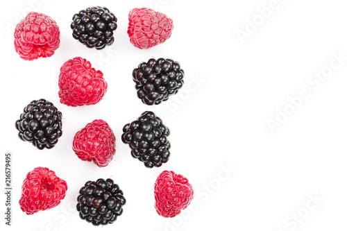 blackberry and raspberry isolated on white background. Top view with copy space for your text. Flat lay pattern