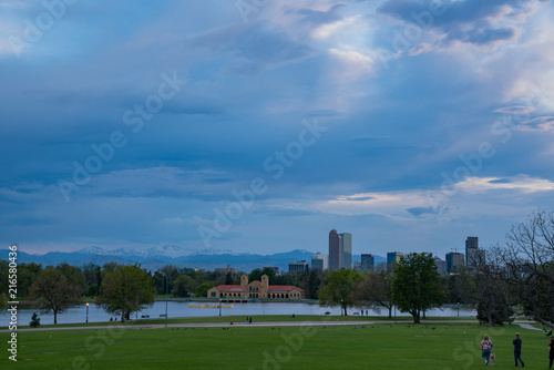 Afternoon cloudy view of the downtown skyline from city park