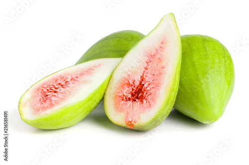 Ripe green fig fruit and half isolated on white background