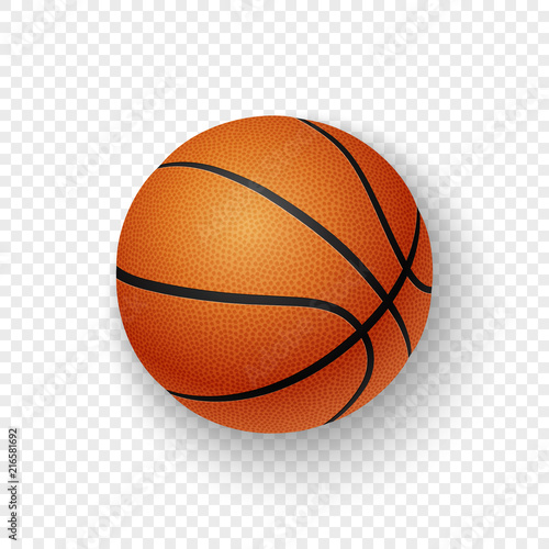Vector realistic 3d orange brown classic basketball icon closeup isolated on transparency grid background. Design template for graphics, mockup. Top view