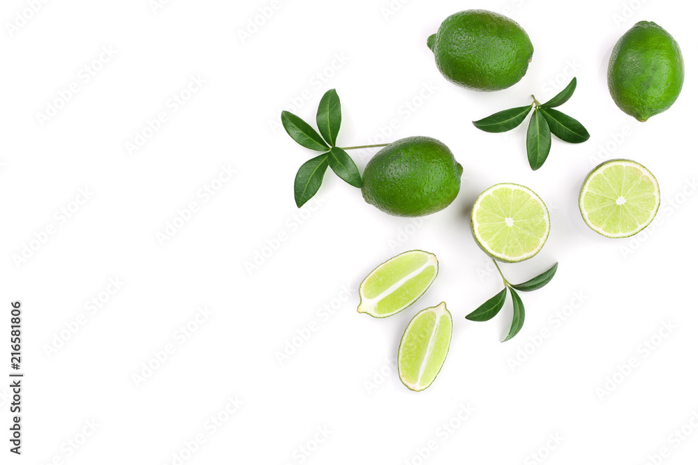 sliced lime vith leaves isolated on white background with copy space for your text. Top view. Flat lay pattern sliced lime vith leaves isolated on white background with copy space for your text. Top view. Flat lay pattern