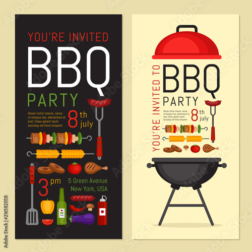 Bbq party invitation with grill and food. Barbecue poster. Food flyer. Flat style, vector illustration.