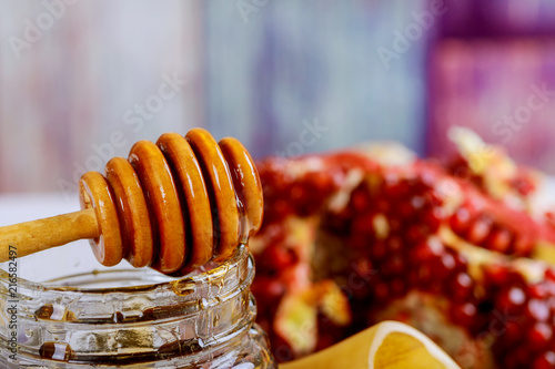 Background Rosh hashanah Jewish New Year . Traditional holiday symbols - shofar, honey and apple