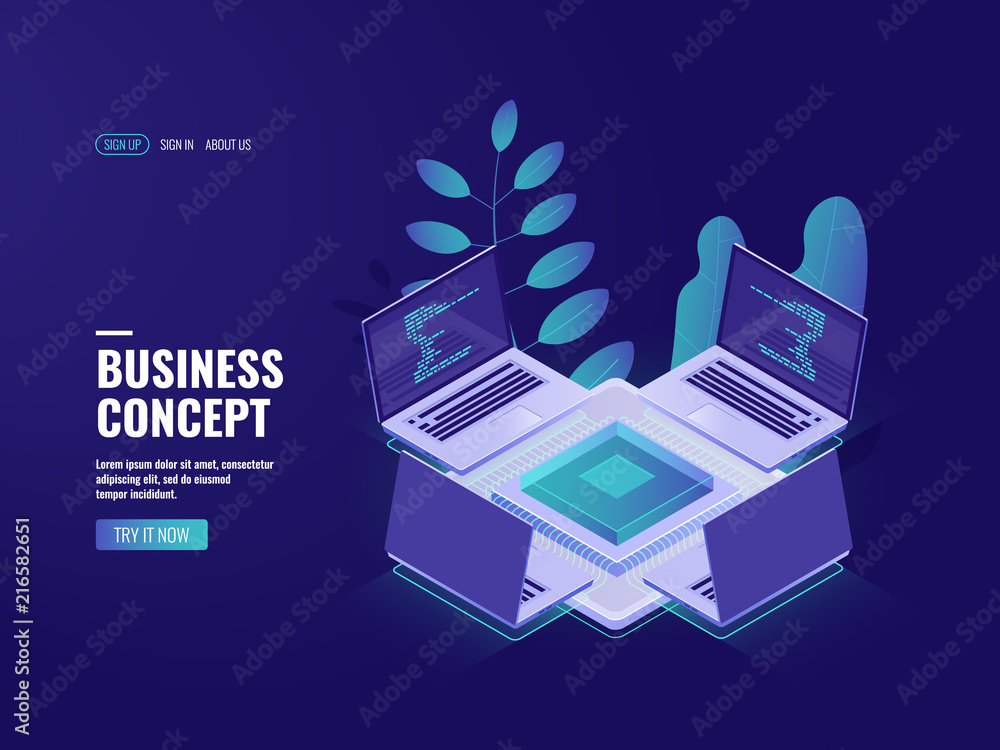 Server room isometric big data processing, cloud storage, blockchain technology, data center and database connection, networking isometric illustration vector neon