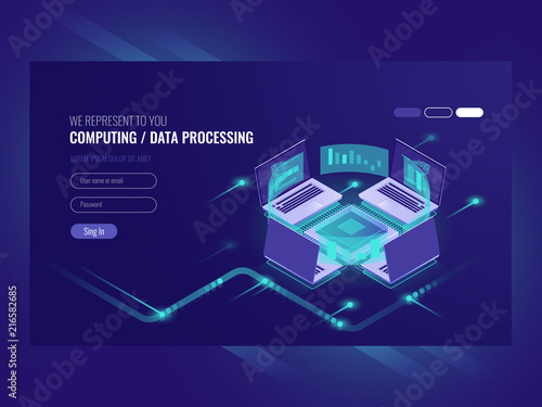 Big data processing and calculating process, server room, web hosting vps server room, database isometric vector dark