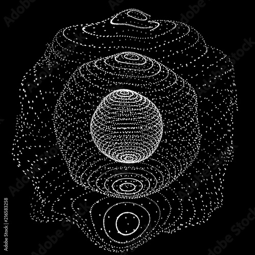 Sphere particles. Abstract 3d sphere. Technology digital. 3d abstract noisy pulsating sphere.