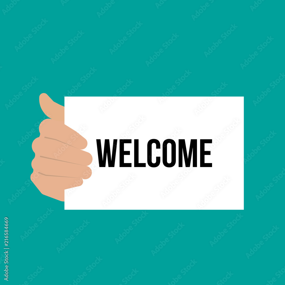 Man showing paper WELCOME text Man showing paper WELCOME text
