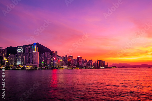 Twilight of Victoria Harbor of Hong Kong