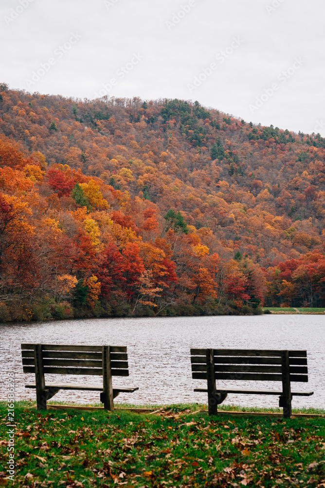 Obraz premium Benches and autumn color at Sherando Lake, near the Blue Ridge Parkway in George Washington National Forest, Virginia.