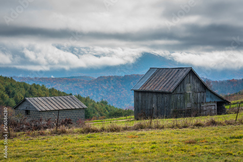 Barn and low clouds over the Blue Ridge Mountains, seen from the Blue Ridge Parkway in Virginia.