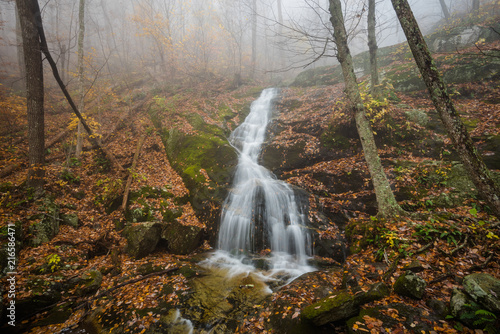 Crabtree Falls on a foggy autumn day  in George Washington National Forest near the Blue Ridge Parkway in Virginia.