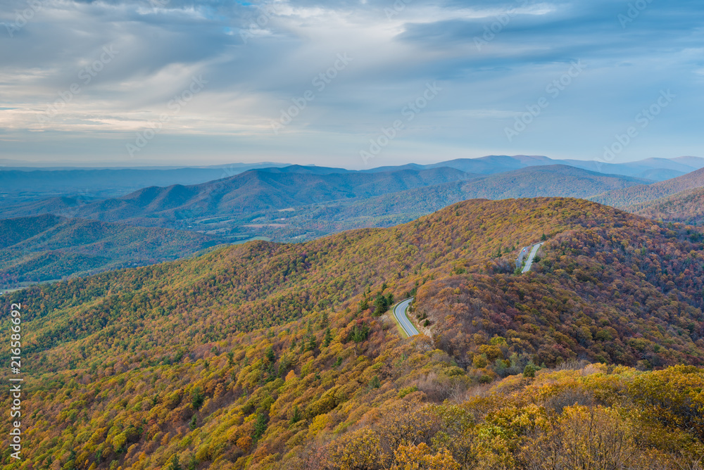 Fall color and Blue Ridge Mountains from Little Stony Man Cliffs, on the Appalachian Trail in Shenandoah National Park, Virginia