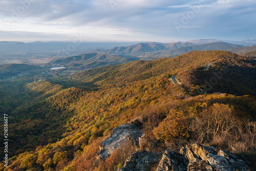 Fototapeta Naklejka Na Ścianę i Meble -  Fall color and Blue Ridge Mountains from Little Stony Man Cliffs, on the Appalachian Trail in Shenandoah National Park, Virginia