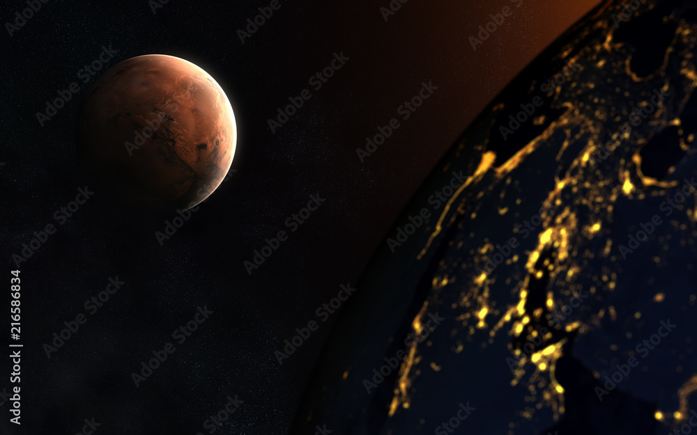 Naklejka premium The great opposition of Mars and Earth. Abstract science fiction. Elements of the image are furnished by NASA