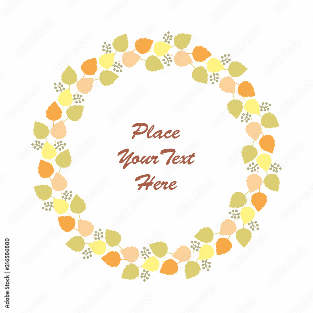 Beautiful autumn wreath with branches and leaves on a white background. Floral round frame.