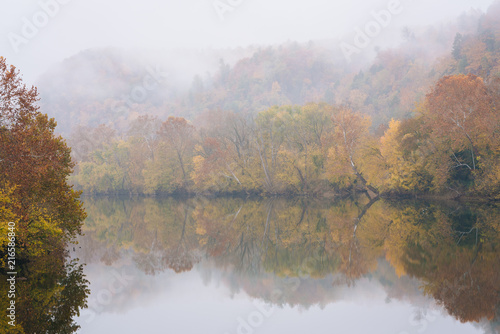 Fog and autumn color on the James River, from the Blue Ridge Parkway in Virginia.