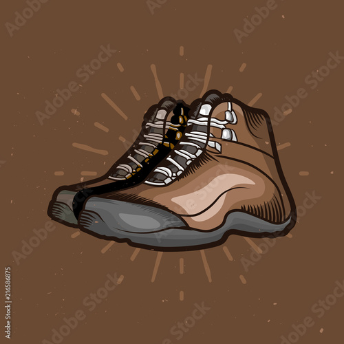 Vector cartoon hiking shoes. Trekking boots with sunburst on the background.