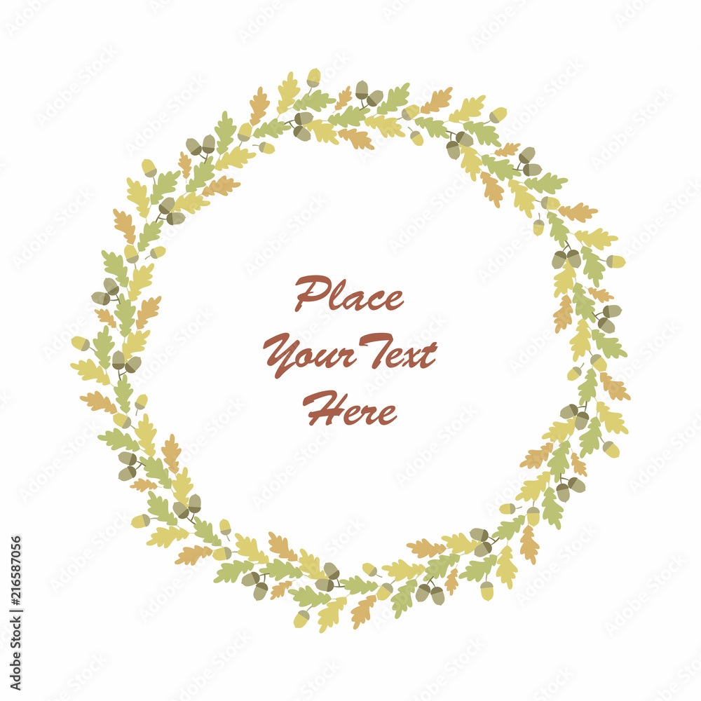 Beautiful autumn wreath with branches and leaves on a white background. Floral round frame.