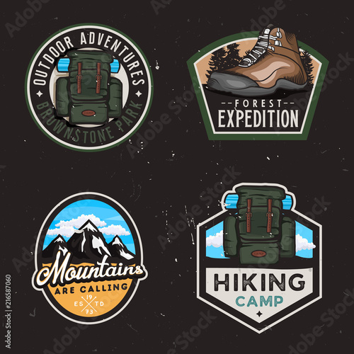 Travel badges and stickers with hike themed design elemets