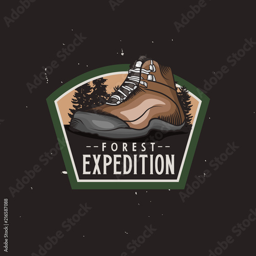 Forest expedition vintage colorful logotype with hiking trekking shoe, vintage badge