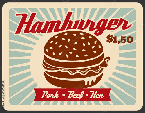 Fast food retro poster with hamburger sandwich