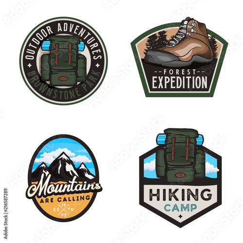 Travel badges and stickers with hike themed design elemets