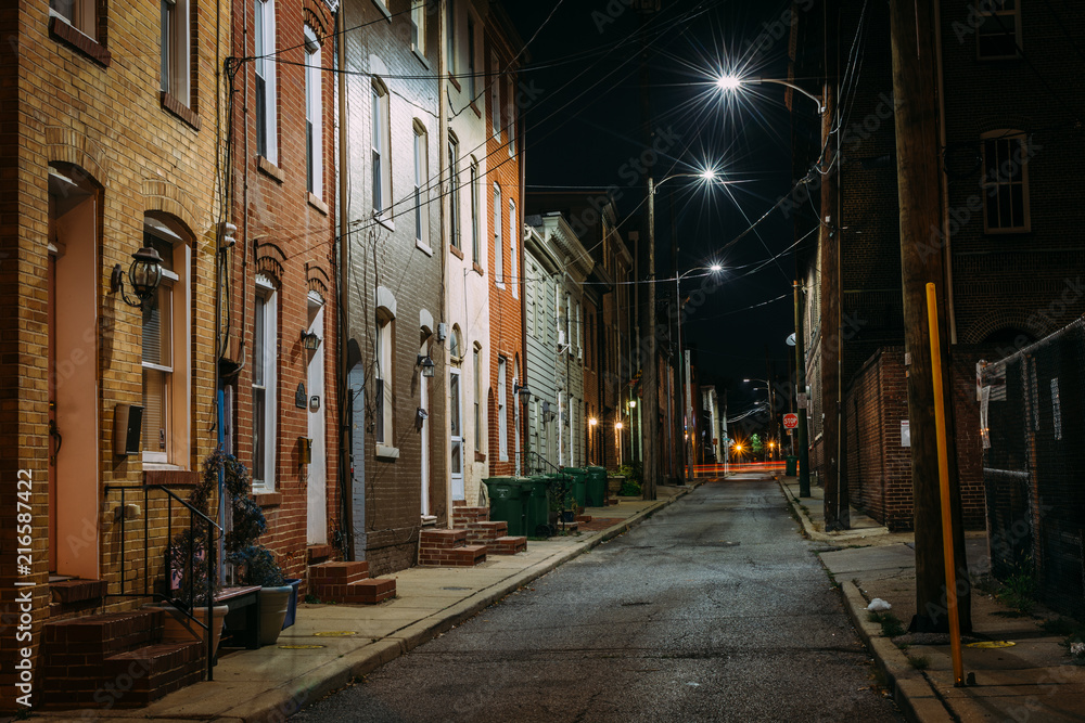 Row houses at night, in Fells Point, Baltimore, Maryland