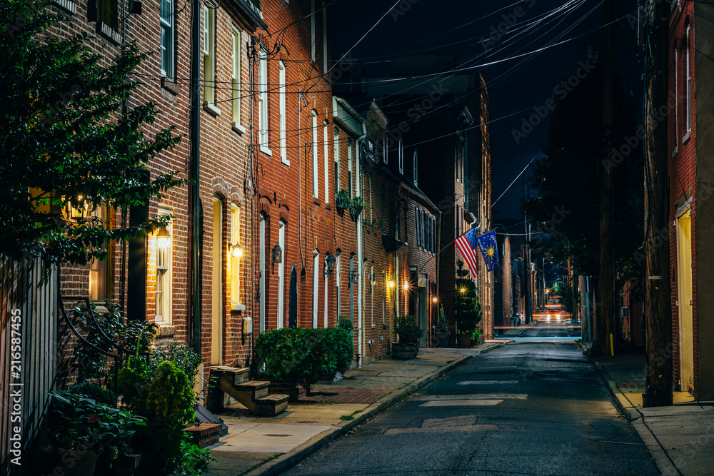 Row houses on Bethel Street at night, in Fells Point, Baltimore, Maryland