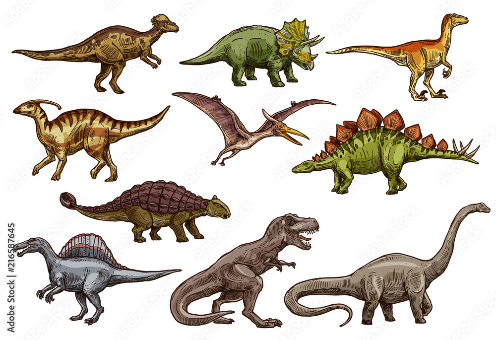 Naklejka Dinozaur i prehistoryczne szkice zwierząt gadów