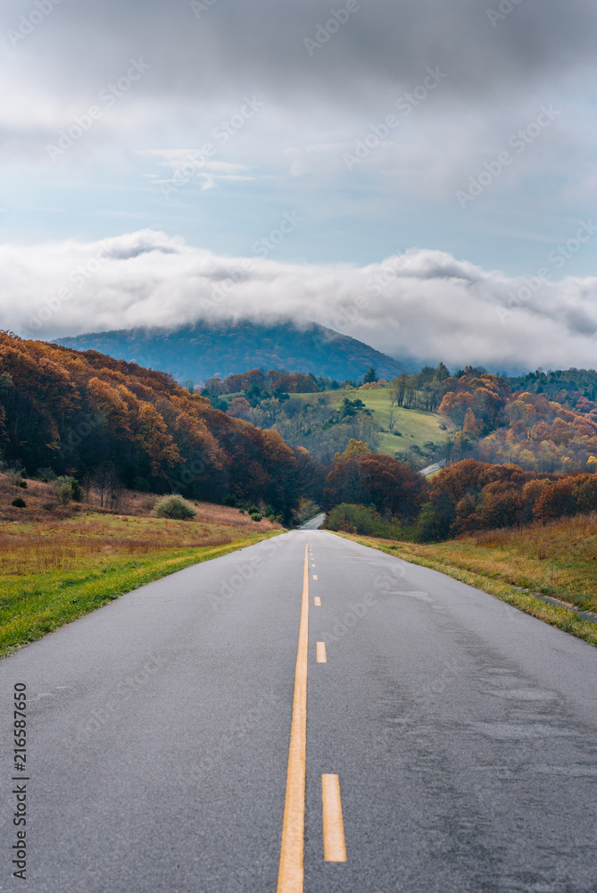 The Blue Ridge Parkway and fog over mountains in Virginia.