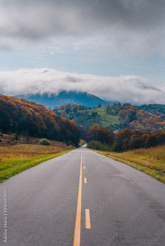 The Blue Ridge Parkway and fog over mountains in Virginia.