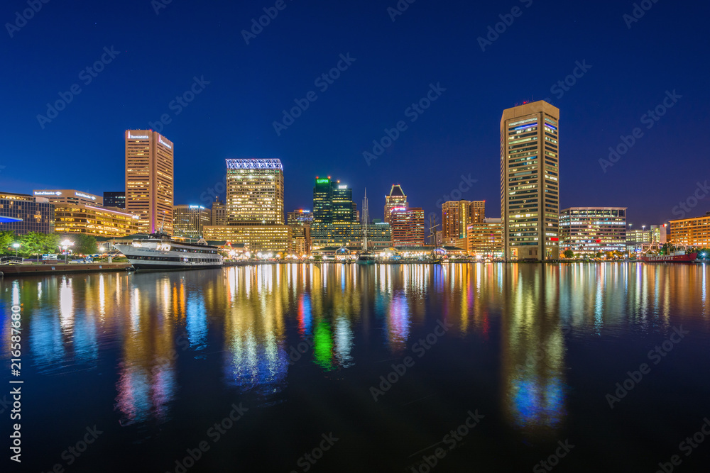 The Inner Harbor skyline at night, in Baltimore, Maryland